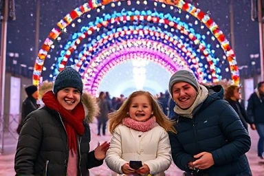 Family enjoying a magical winter light festival at night.