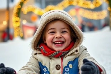 Child having fun sledding at a winter festival.