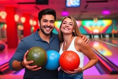 Couple enjoying a fun bowling date indoors.