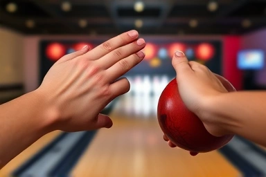 Hands ready for bowling, symbolizing competition and fun.