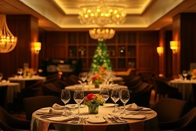 Elegant hotel dining room, festive atmosphere, anticipation of a special meal.