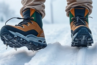 Hiking boots with crampons on icy mountain trail