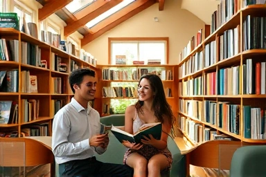 Cozy library interior with a couple enjoying books