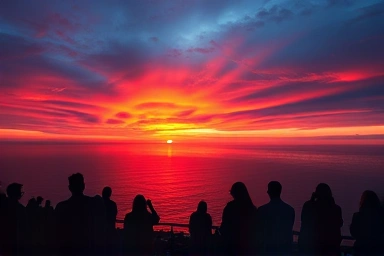 Dramatic sunset over the west coast ocean, people watching.