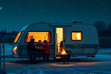 Cozy winter glamping caravan at night with family