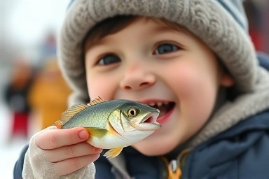 Child's excited face catching fish during winter festival ice fishing.