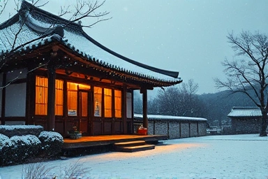 Cozy hanok house at year-end, snow falling.