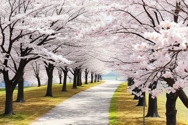 Blooming cherry blossom path with sunlight