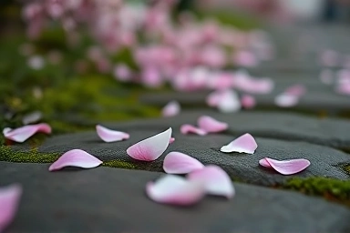 Falling cherry blossom petals on a stone path