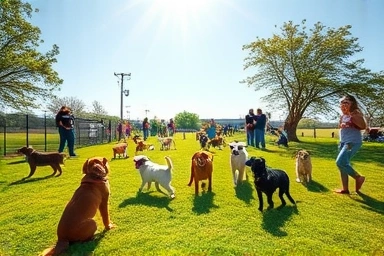 Happy dogs playing in a spacious, clean dog park under a sunny sky.
