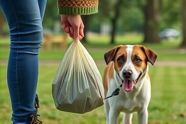 Owner responsibly cleaning up dog waste in a clean dog park.