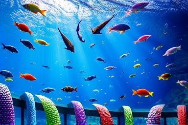 Vibrant underwater aquarium scene with diverse marine life.