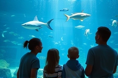 Family enjoying a bright and engaging aquarium exhibit.