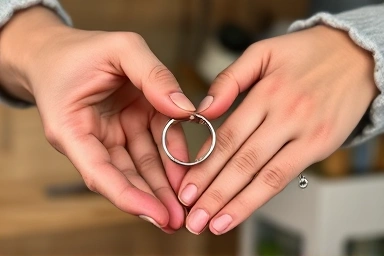 Close-up of finished couple ring on hands