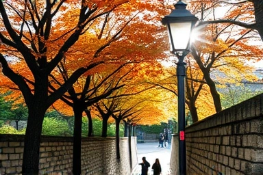 Seoul's Deoksugung Stone Wall Road with autumn leaves and serene atmosphere.