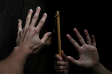 Hands exploring textures in darkness, emphasizing sensory discovery.