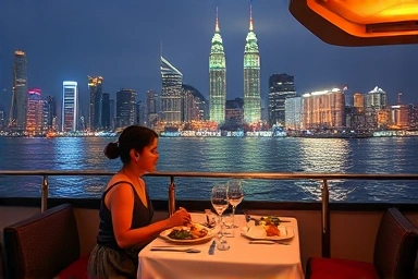 Couple dining on Han River cruise at night, city skyline.