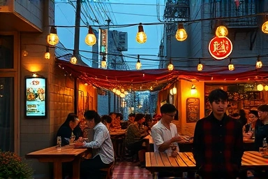 Bustling Euljiro outdoor pub with people enjoying chicken and beer.