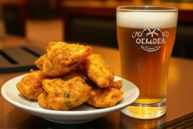 Crispy garlic chicken and cold draft beer at a Korean pub.