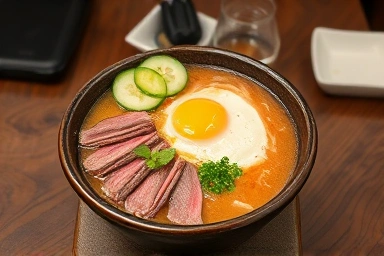 Authentic Pyongyang naengmyeon bowl in traditional Korean restaurant.