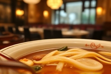Close-up of savory Pyongyang naengmyeon broth in elegant restaurant.