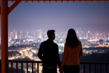 Couple watching Seoul night view, Eungbongsan Pavilion romance