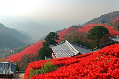 Gilsangsa Temple and red Lycoris radiata flowers in full bloom