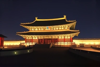 Magical night view of Gyeongbokgung palace illuminated by warm lights.