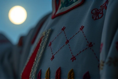 Elegant, embroidered Korean hanbok fabric illuminated by soft moonlight.