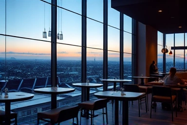 Interior of a modern cafe with city view
