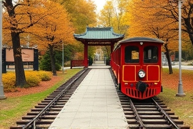 Vintage train on a slope at a park.