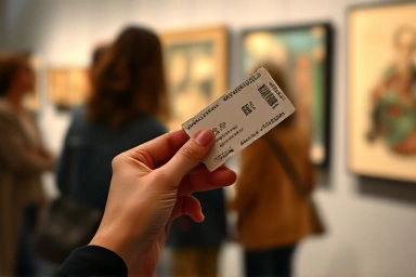 Hand holding art exhibition ticket, anticipation of art experience.