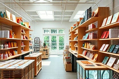 Vibrant interior of a design market with unique products.