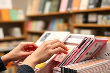 Hands browsing creative stationery and art supplies.