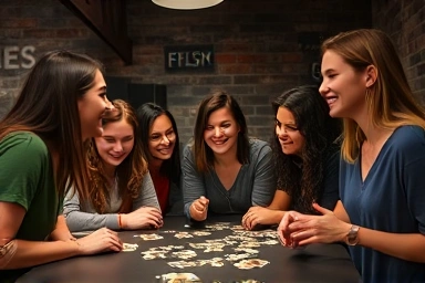 Friends collaborating and laughing in a fun Hongdae escape room
