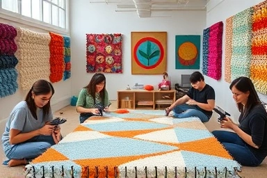 Cozy Hongdae tufting workshop with people creating custom rugs.