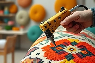 Hand operating a tufting gun to create a colorful art piece.