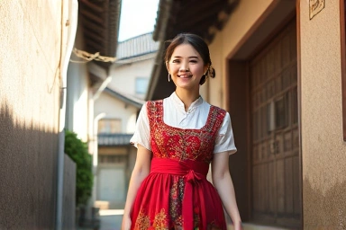 Woman in vintage Korean dress in Ikseondong alleys
