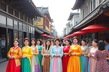 People in colorful Hanbok posing for photos in Insadong, Seoul.