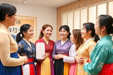 Friends happily trying on various Hanbok styles in a rental shop.