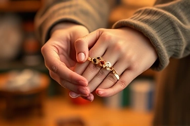 Couple holding handmade bracelet in artisan workshop