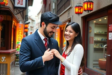 Happy couple showing off custom bracelets at Insadong Ssamjigil