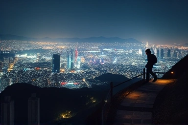 Seoul night view from Inwangsan mountain summit