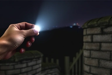 Hiker's hand with flashlight on Inwangsan fortress wall at night