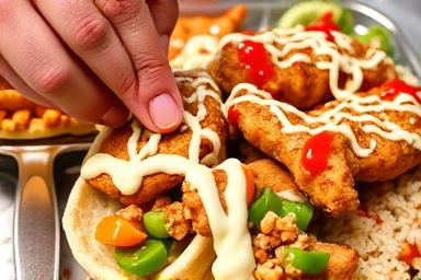 Close-up of Halal Guys food with sauces.