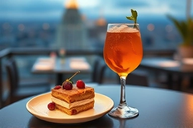 Dessert and cocktail on table at rooftop cafe with city view