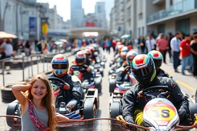 Exciting go-kart race on an urban track with happy participants.