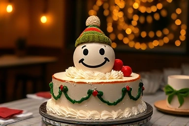 Festive Christmas cake with Knotted logo in a cozy cafe.