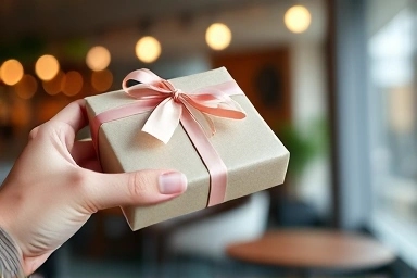 Hand holding a festive holiday gift box in a stylish cafe.