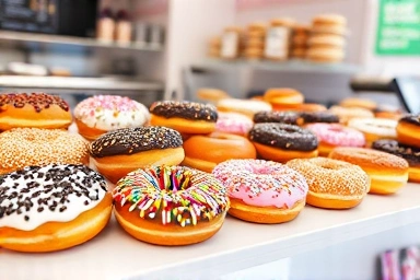 Assortment of colorful and tempting donuts on a display counter.